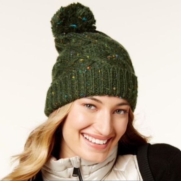 Steve Madden Accessories - Army Green Cable Knit Pom Pom Cuffed Chunky Beanie
